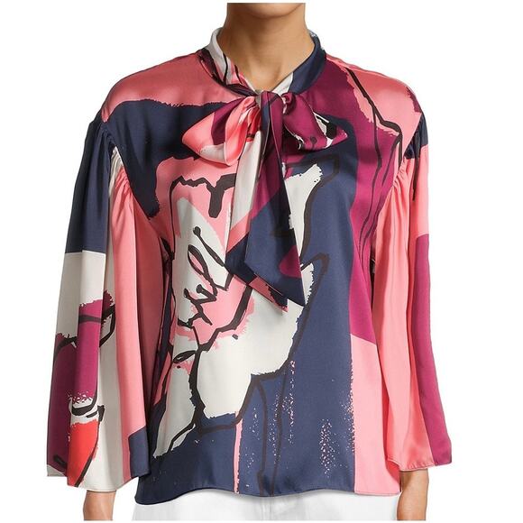 Tanya Taylor Avril Blouse Printed Satin Tie Top Multicolor Print Varies Size M - Picture 1 of 12